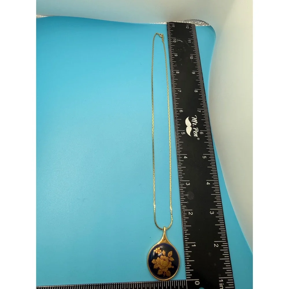 Vintage Limoges Cadeaux France Cobalt Blue Gold Floral Porcelain Necklace - Picture 7 of 7